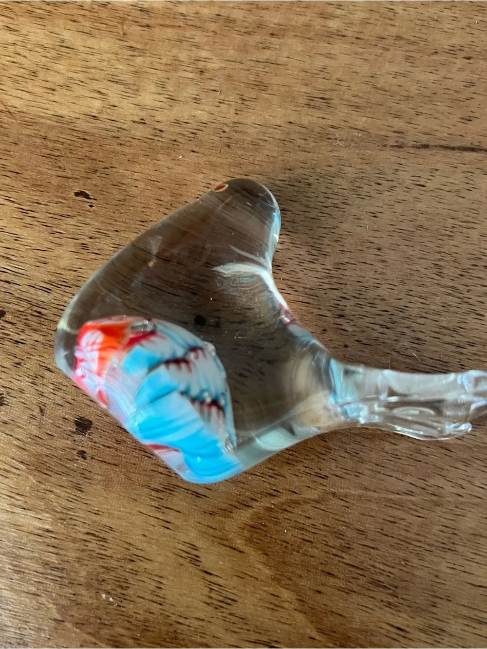 Clear Glass Decorative Bird Figurine with Blue and Red Accents